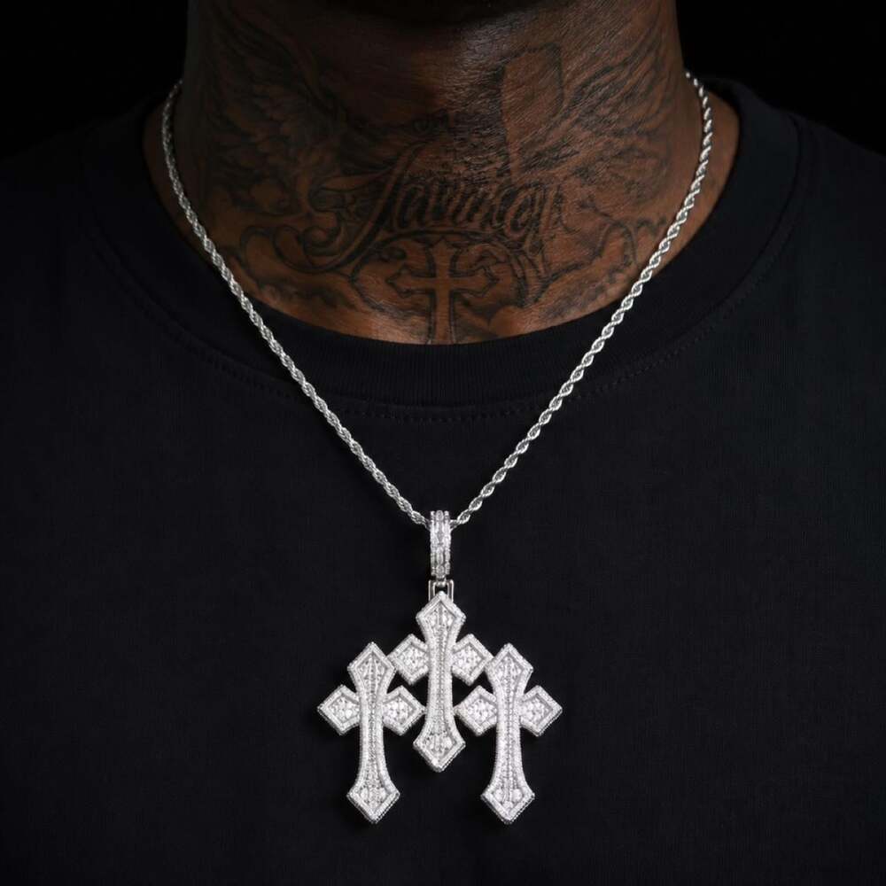 Iced Triple Cross Necklace With 15 B 1